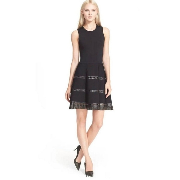 Parker Dresses & Skirts - Parker black bandage aline vegan leather fringe and cutout trim dress
